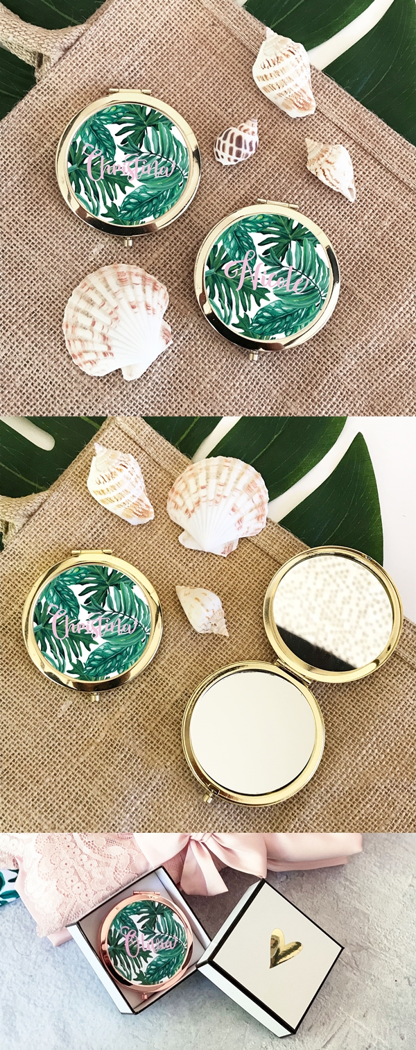Event Blossom Palm Leaf Compact Mirror with Pretty Pink Script Name