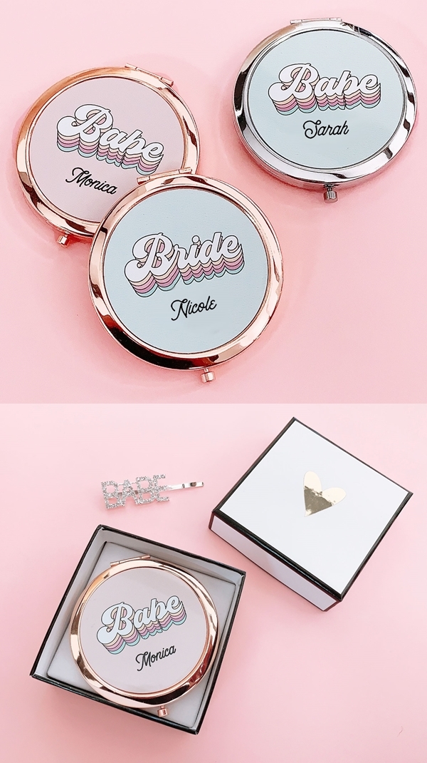 Event Blossom Personalized Retro Babe or Bride Compact w/ Script Name