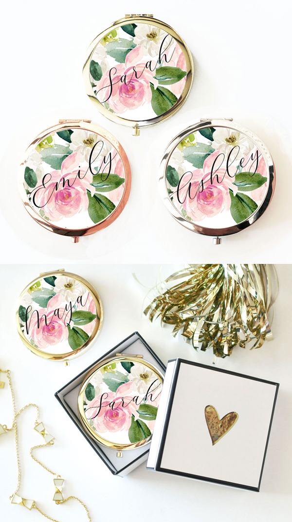 Event Blossom Spring Rose Motif Compact Mirror with Modern Script Name