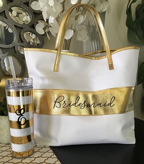Bridal Party GoldStriped White Tote Bag with Metallic Gold Handles