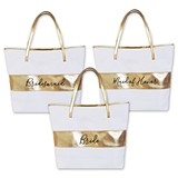 Bridal Party Gold-Striped White Tote Bag with Metallic Gold Handles