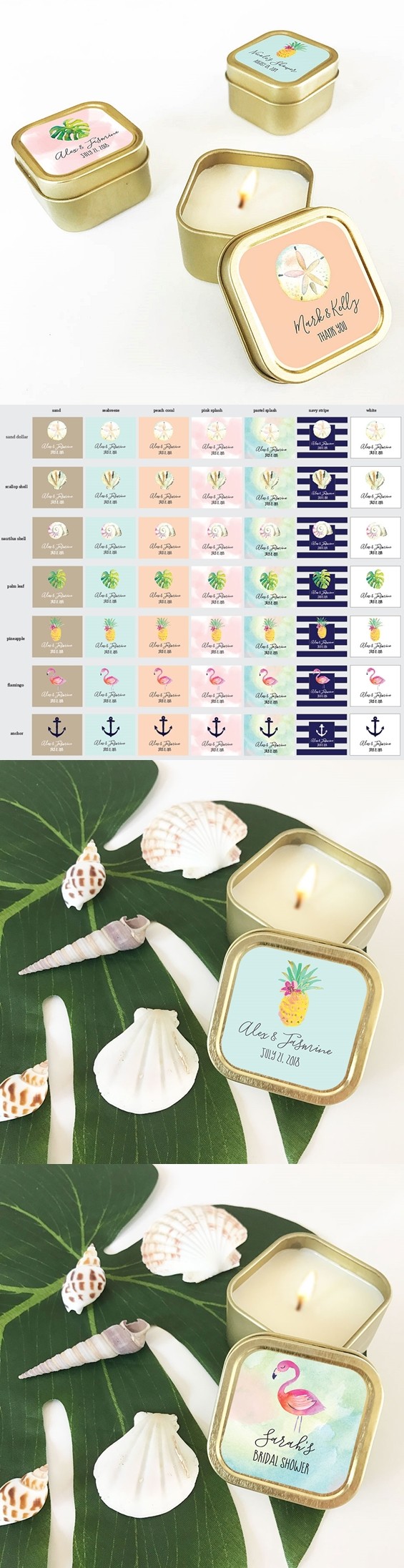 Event Blossom Personalized Tropical Beach Gold Square Candle Tins