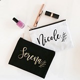 Event Blossom Custom Name Canvas Cosmetic Bag with Small Vine Design
