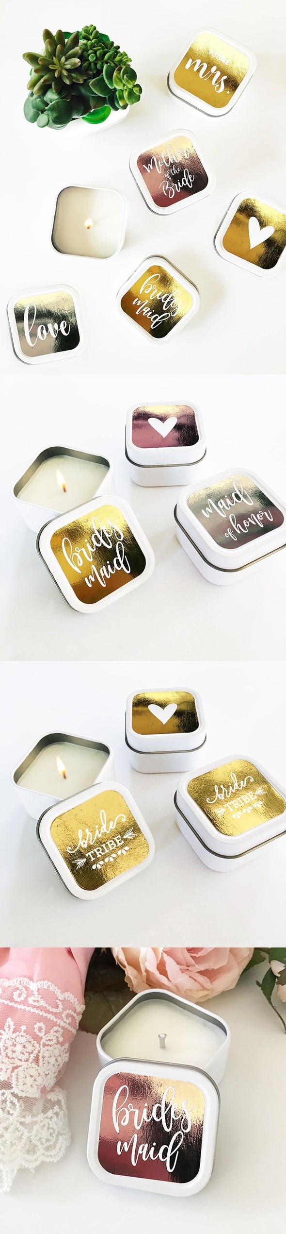 Event Blossom Set of 12 Bridal Party Square Candle Tins w/ Foil Labels