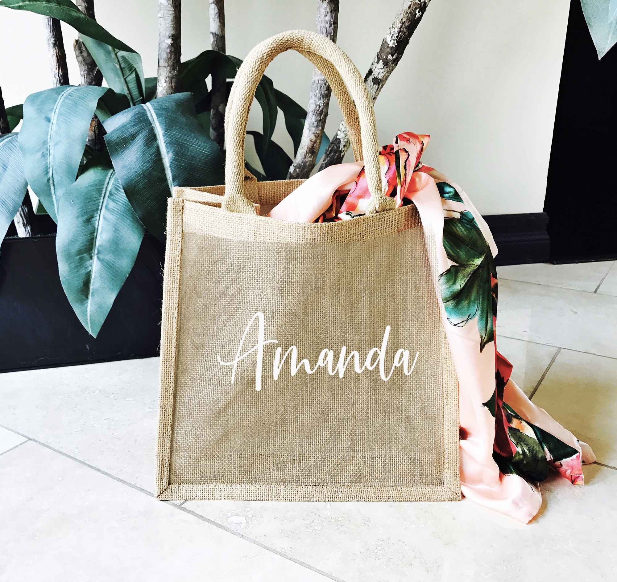 Personalized Burlap Tote Bag with Contemporary Script Name in White