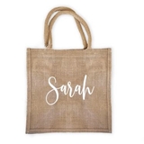 Personalized Burlap Tote Bag with Contemporary Script Name in White