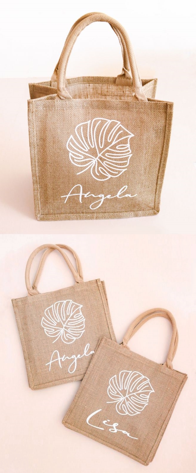 Event Blossom Personalizable Tropical Chic Palm Leaf Design Burlap Tote Bag