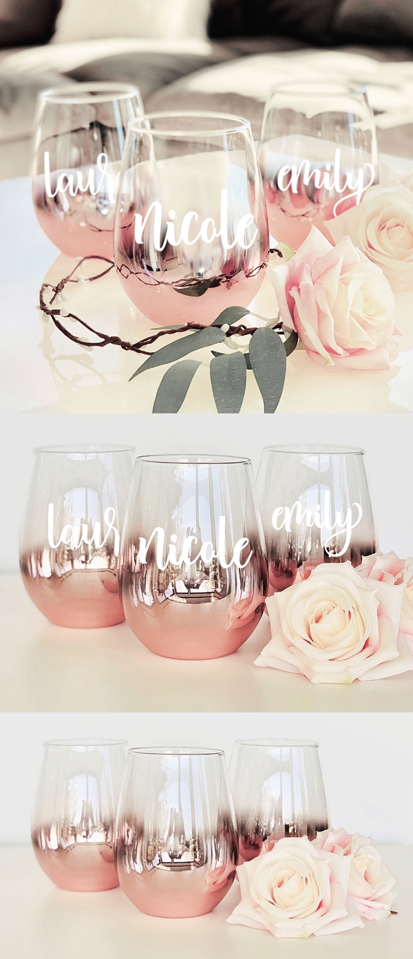 Custom Bling Glitter Coral Wine Glass Stemless Wine Glass Cups Champagne Tumbler Rose Gold Crystal Custom Gift Wedding Bridal Accessories