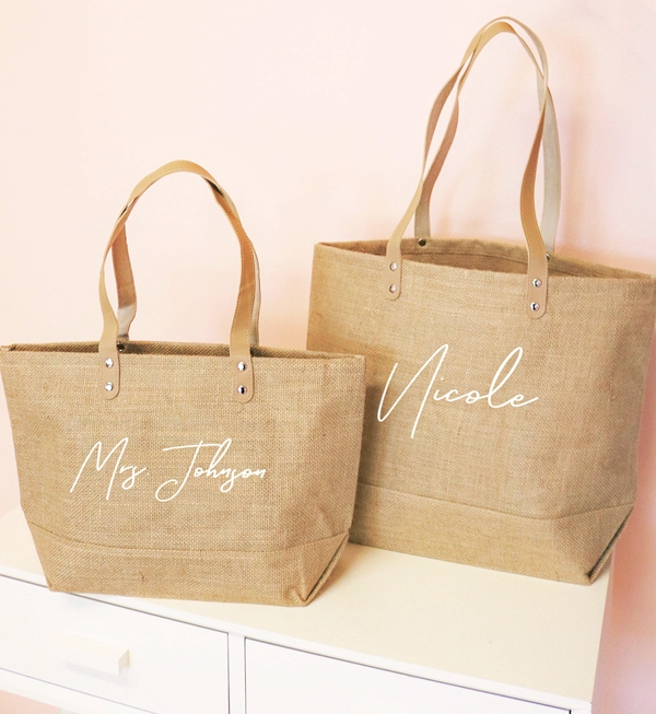 Event Blossom Personalized Jute Tote Bag w/ Leather Handles (2 Sizes ...