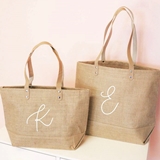 Event Blossom Monogrammed Burlap Tote Bag w/ Leather Handles (2 Sizes)