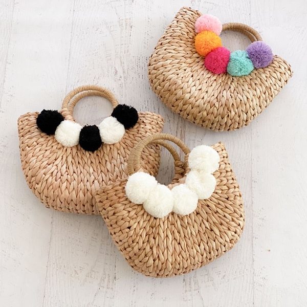 Event Blossom Crescent-Shaped Woven Straw Purse with Pom Poms