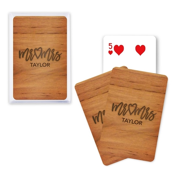 Unique Custom Playing Card Favors - Mr & Mrs Script Woodgrain Design