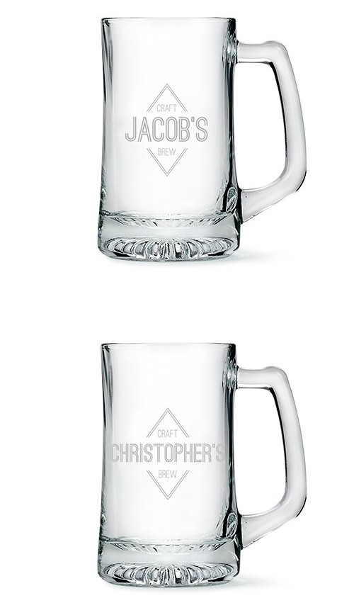 Engravable 14oz Glass Beer Mug with Diamond Emblem Etching