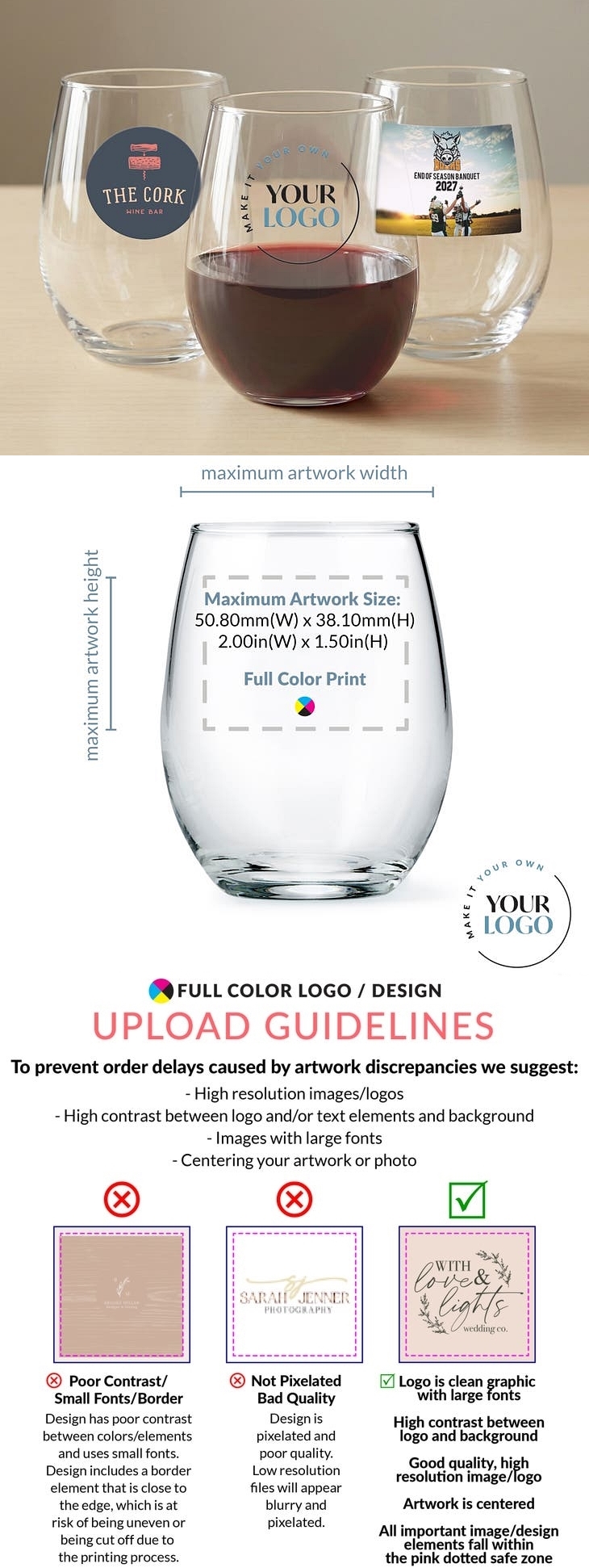 'Make it Your Own' Logo/Design Custom-Printed 9oz Stemless Wine Glass