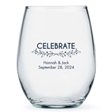 Personalized 'CELEBRATE' with Laurel Design 15oz Stemless Wine Glass