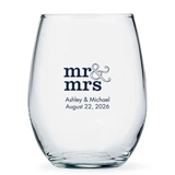 Personalized Stacked 'Mr & Mrs' Design 15oz Stemless Wine Glass