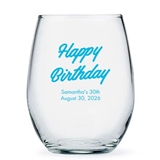 Personalized Retro Script Happy Birthday Design 15oz Stemless Wine Glass