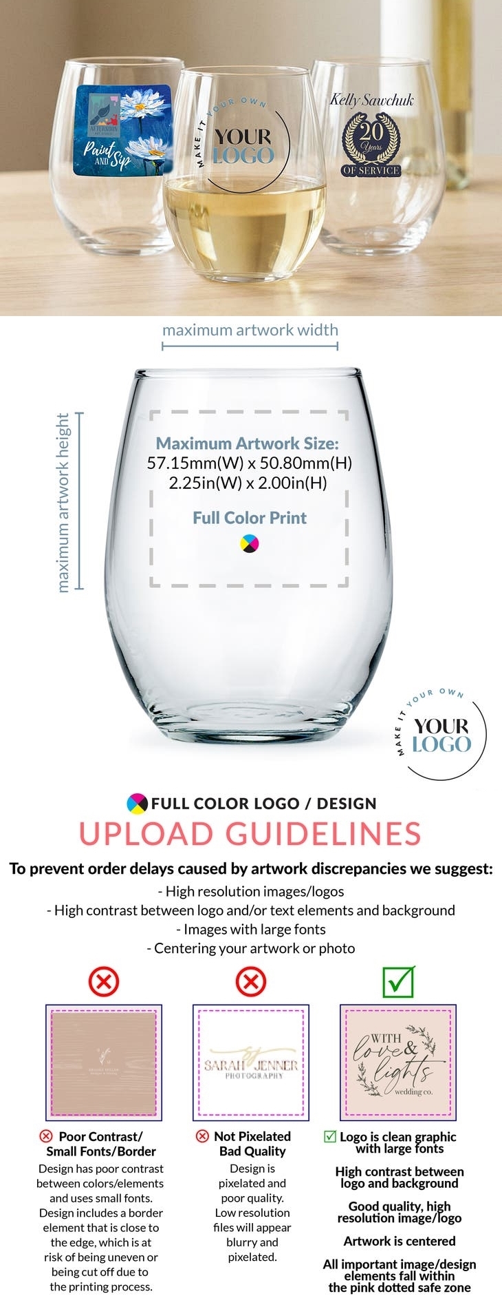 'Make it Your Own' Logo/Design Custom-Printed 15oz Stemless Wine Glass