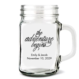 Personalized 'The Adventure Begins' Design Glass Mason Jar Mug (2 Sizes)