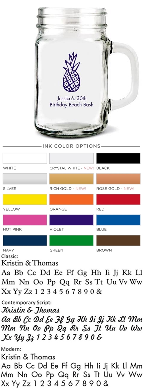 Tropical Chic Pineapple Graphic Personalized Glass Mason Jar Mug (2 Sizes)