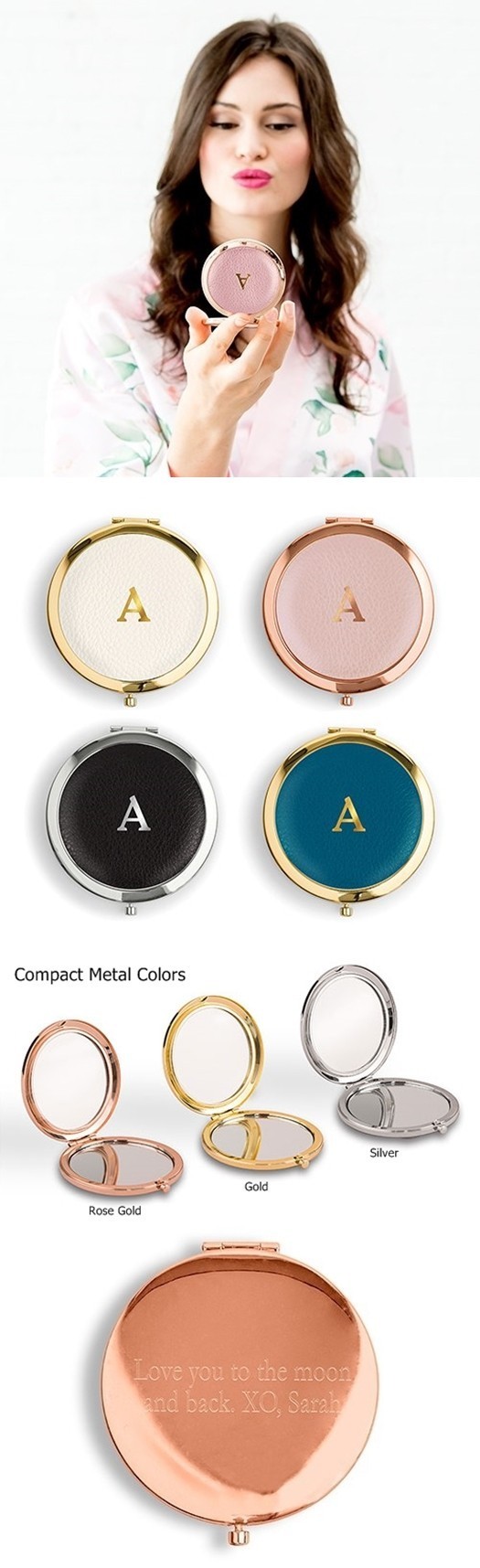 Faux Leather Compact Mirror - Initial Monogram Emboss (3 Colors)