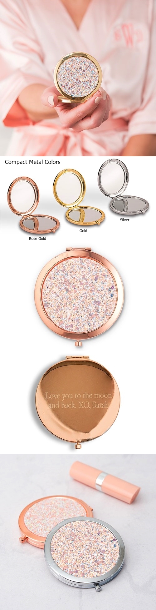 Weddingstar Personalizable Rose-Gold-Glitter Compact Mirror (3 Colors)