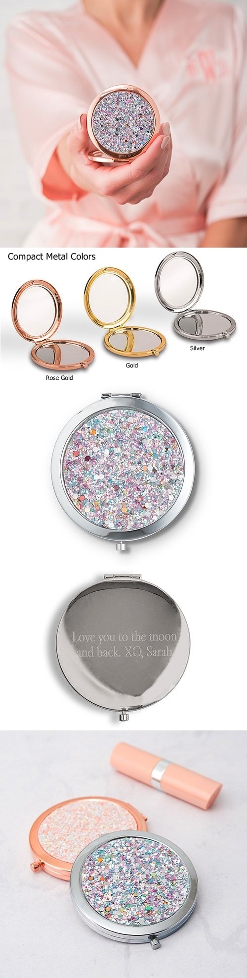 Weddingstar Personalizable Rainbow-Glitter Compact Mirror (3 Colors)