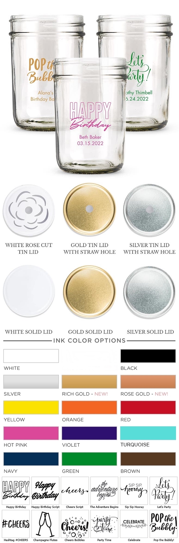 Personalized Printed Glass Mason Jars with Lid Options (Birthday Designs)