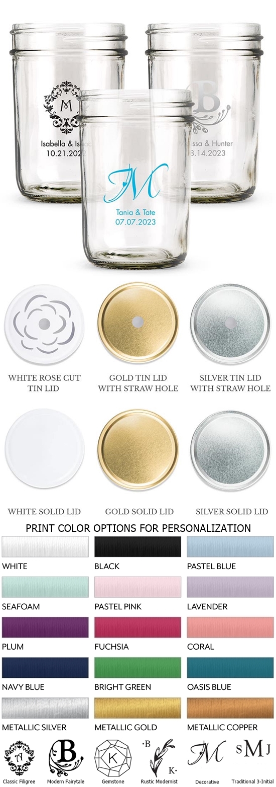 Personalized Printed Glass Mason Jars with Lid Options (Monogram Designs)