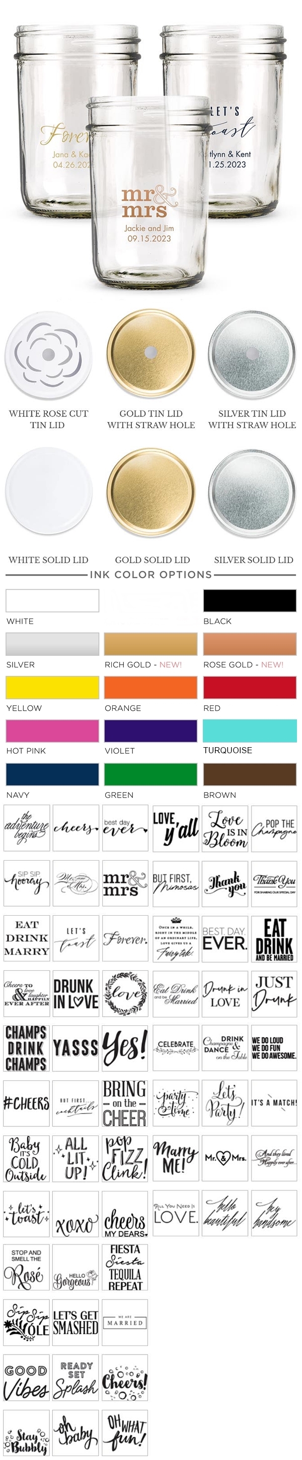 Personalized Printed Glass Mason Jars with Lid Options (Trendy Sayings Designs)