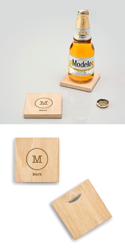 Typewriter Monogram Wood Coasters w/ Built-in Bottle Opener (Set of 2)
