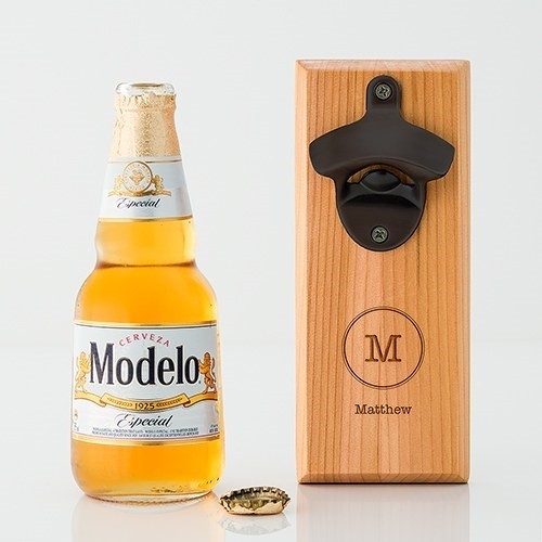 Cedar Wood Wall Mount Bottle Opener with Typewriter Monogram Etching