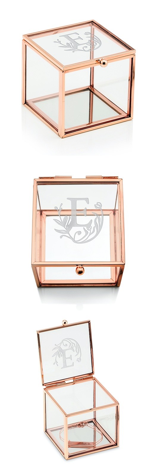 Glass Jewelry Box with Rose Gold Edges - Modern Fairy Tale Etching