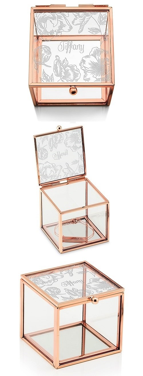 Glass Jewelry Box with Rose Gold Edges - Modern Floral Etching