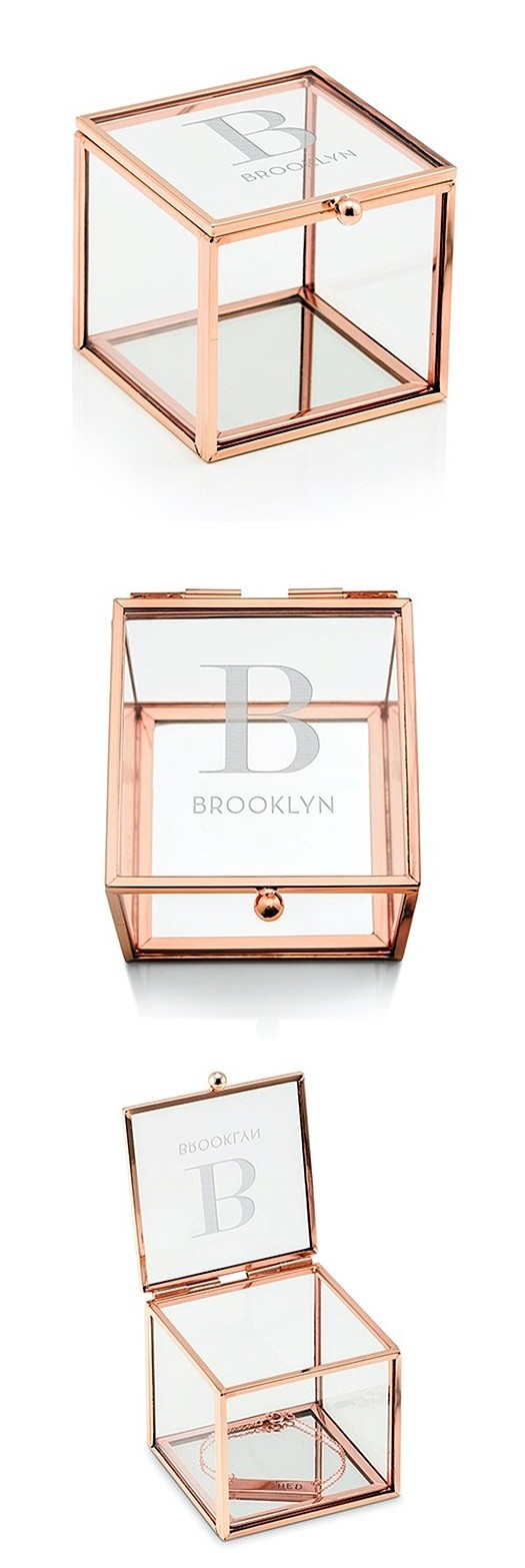 Glass Jewelry Box with Rose Gold Edges - Modern Serif Initial Etching