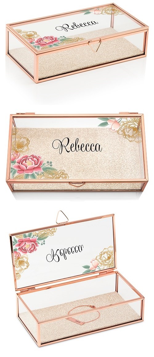 Weddingstar Rose Gold and Glass Jewelry Box with Modern Floral Etching