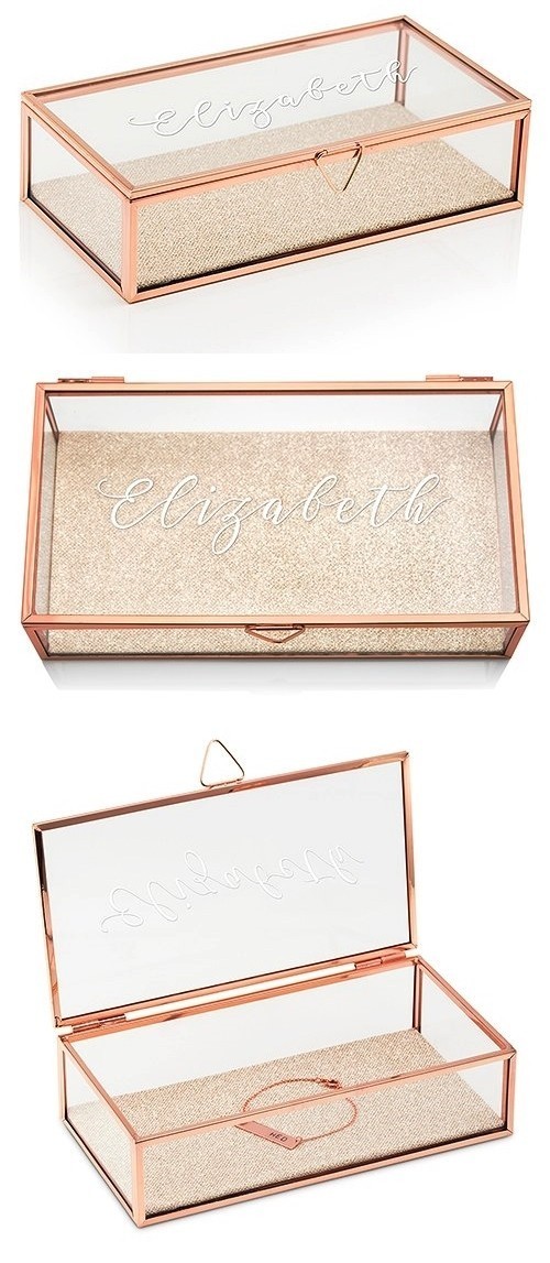 Rose Gold and Glass Jewelry Box with Elegant Calligraphy Etching