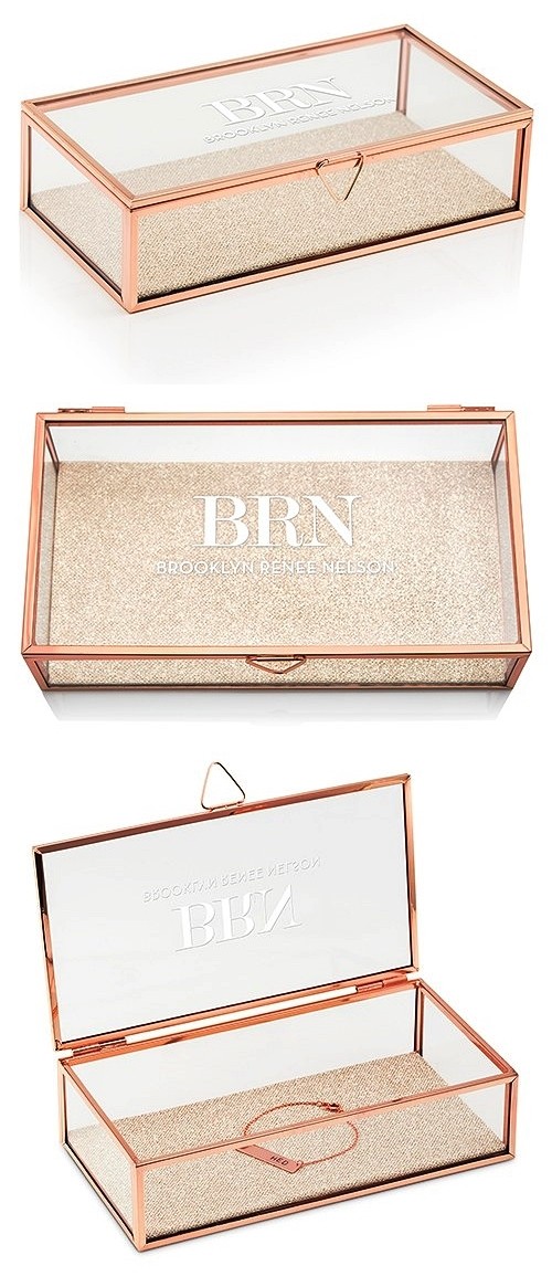 Rose Gold and Glass Jewelry Box with Modern Serif Initials Etching