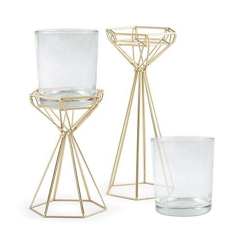 Weddingstar Geo Gold-Colored-Metal and Glass Candle Holders (Set of 2)