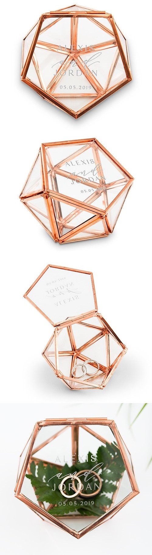 Small Glass Geometric Terrarium-Style Ring Box - Modern Couple Etching