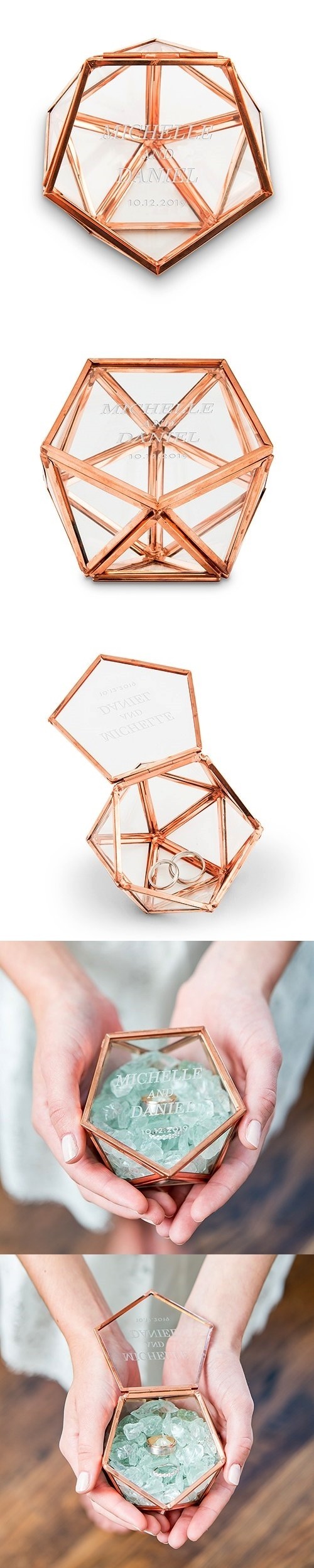 Small Glass Geometric Terrarium Ring Box - Classic Couple Etching