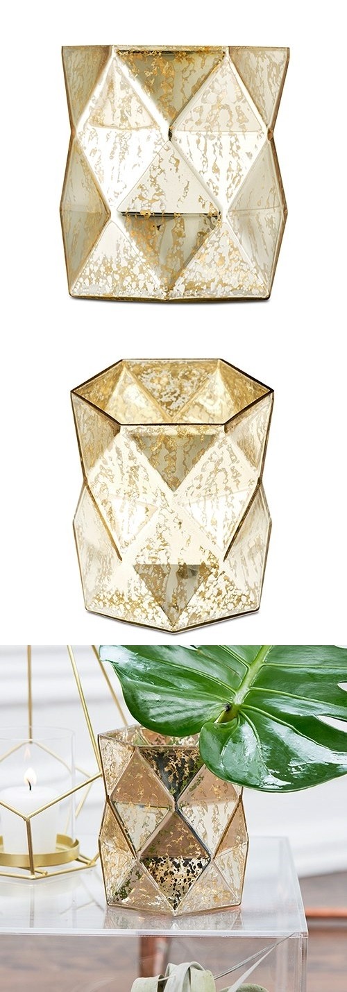 Weddingstar Gold-Colored Geo Diamond Mercury-Glass Hurricane Vase