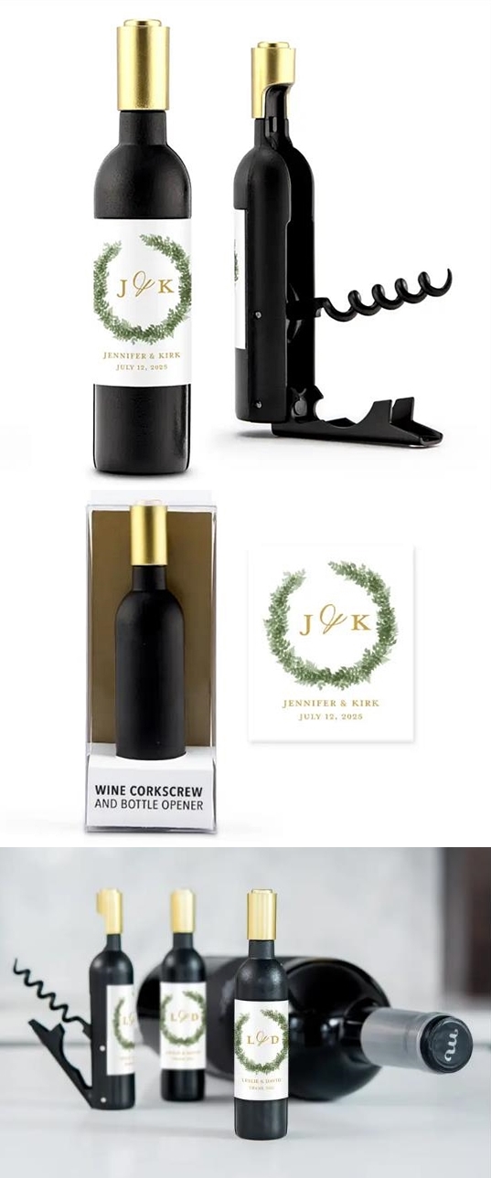 Wine Bottle-Shaped Corkscrew with Personalized Love Wreath Monogram