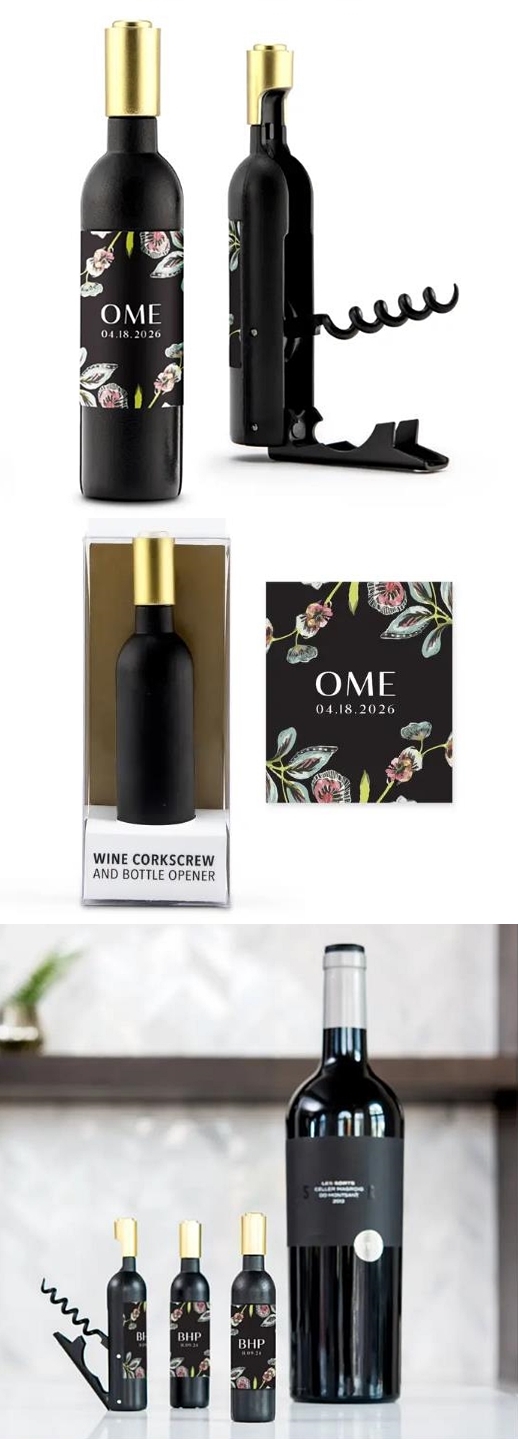 Wine Bottle-Shaped Corkscrew with Personalized Vintage Floral Label