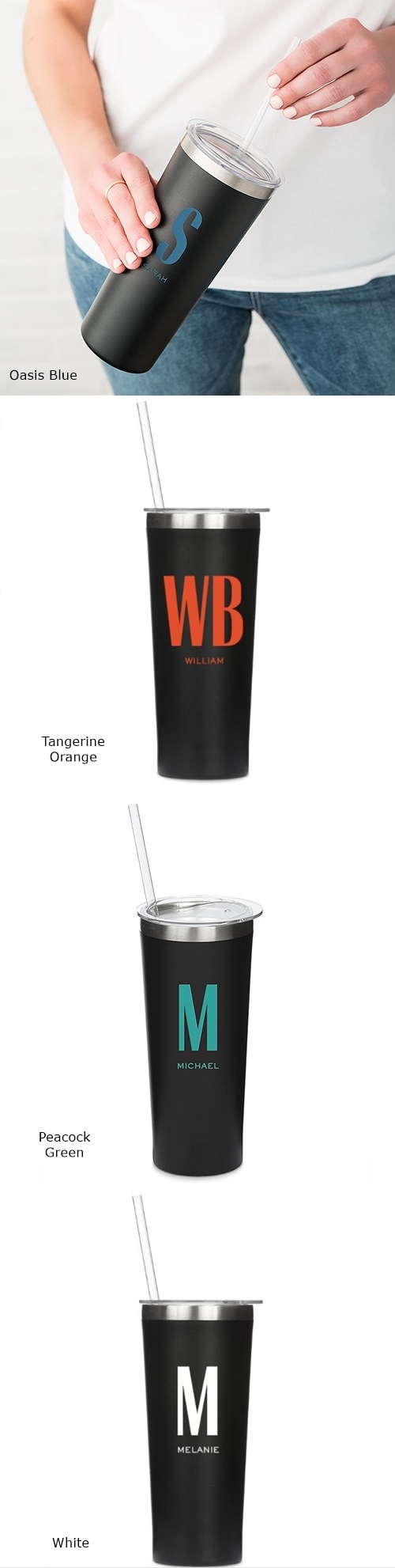 Personalized Black Stainless Steel Tumbler with Modern Monogram & Text