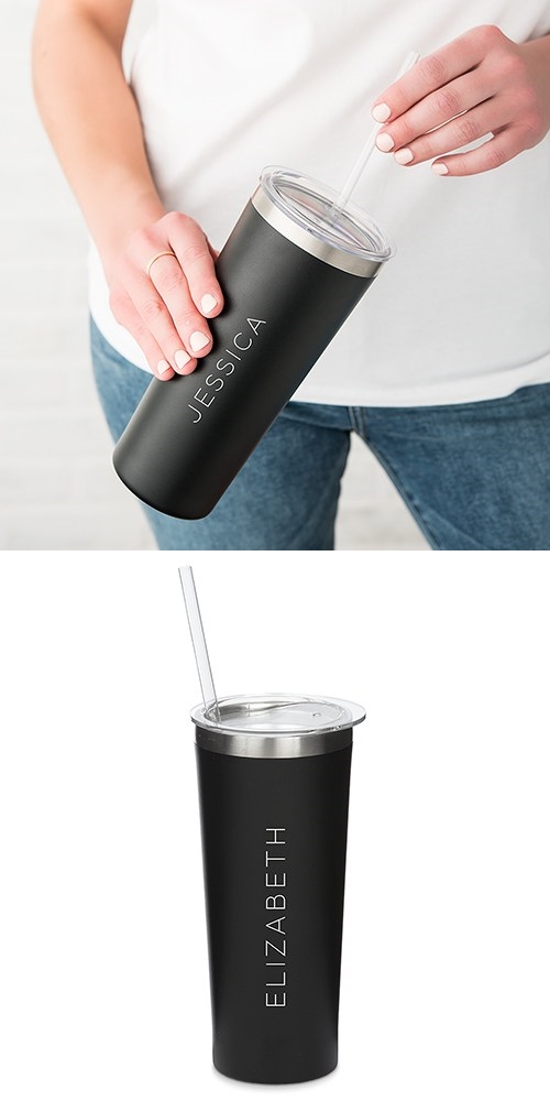 Personalized Black Stainless Steel Tumbler with Modern Vertical Print