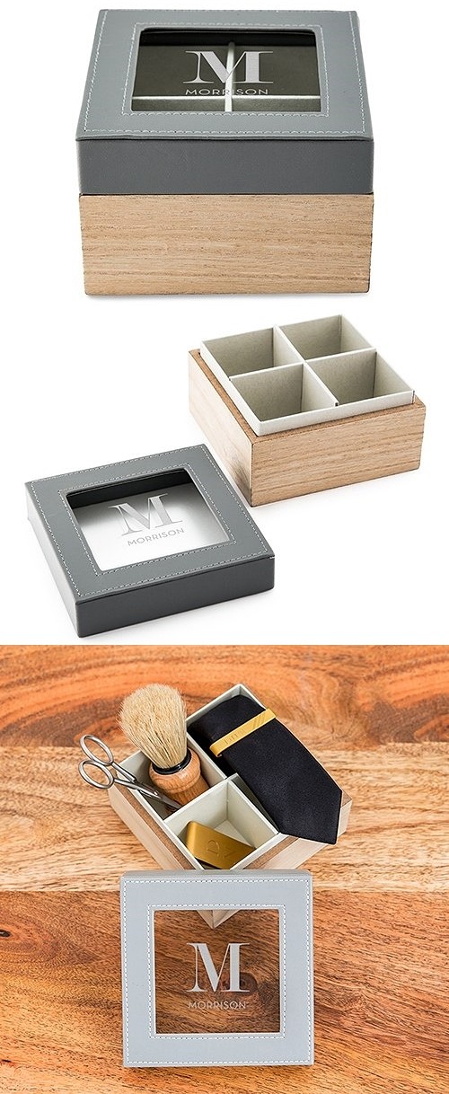 Wood and Faux-Leather Keepsake Box with Glass Lid - Initial Monogram