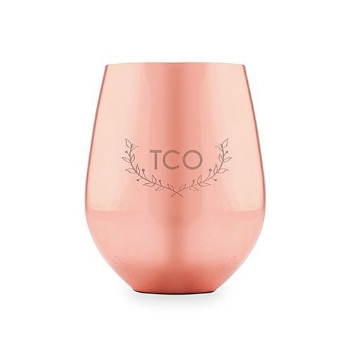 Copper Stemless Wine Glass with Woodland Monogram Etching