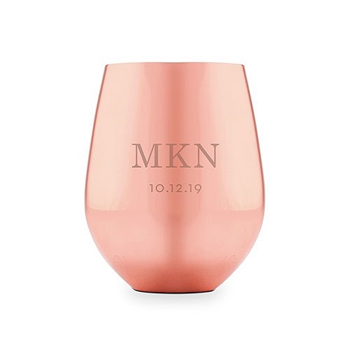 Copper Stemless Wine Glass with Classic Initials and Date Etching