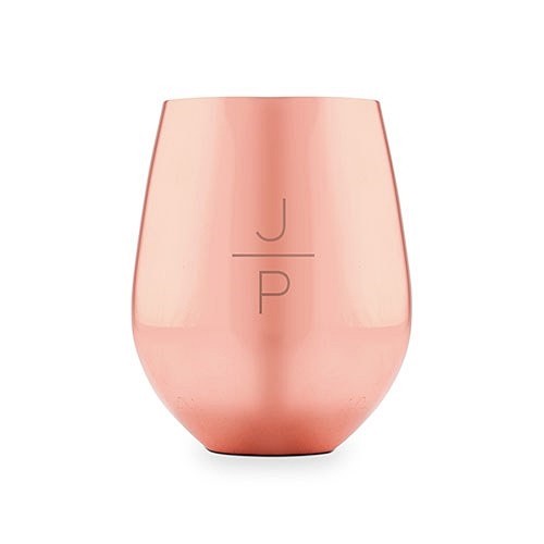 Copper Stemless Wine Glass with Stacked Monogram Etching